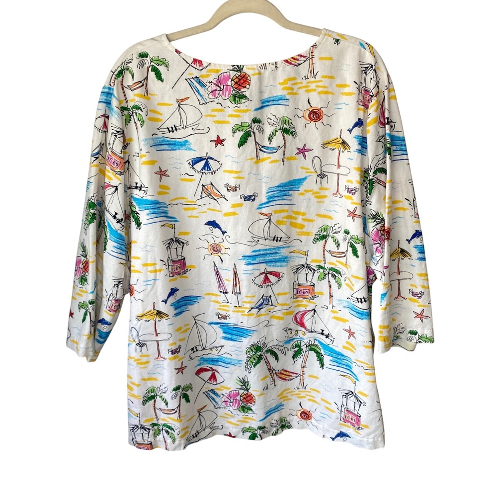 Hot Cotton Woman 2X Beach Scene Tropical V-Neck 3/4 Sleeve Cotton Top White - Picture 2 of 11